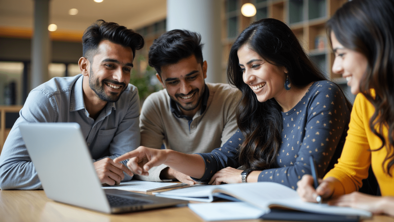A group of students in Lahore collaborating around one of the best laptops for students in 2025, a key tool for their academic success.